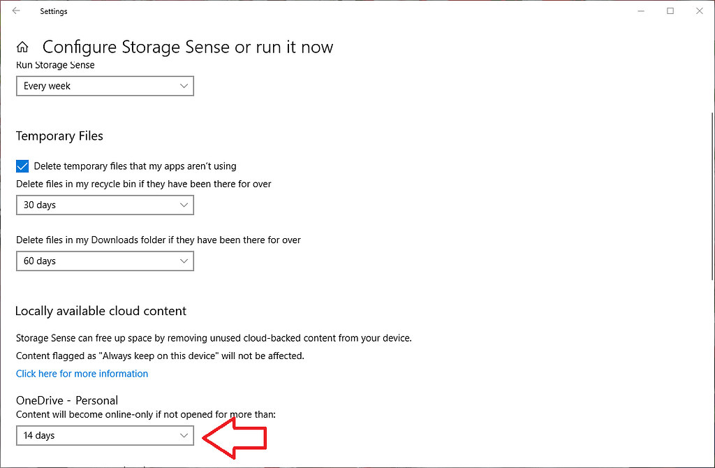 Select how long downloaded cloud content should remain on the computer